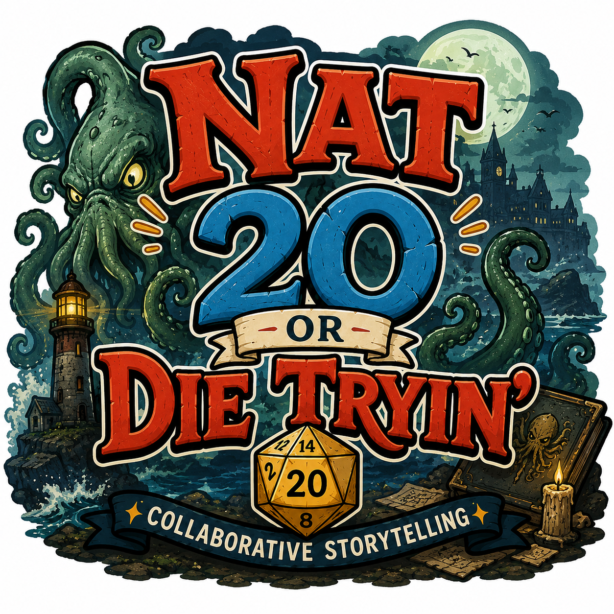 Nat 20 or Die Tryin' emblem: a kraken beneath a lighthouse and a distant castle under a full moon